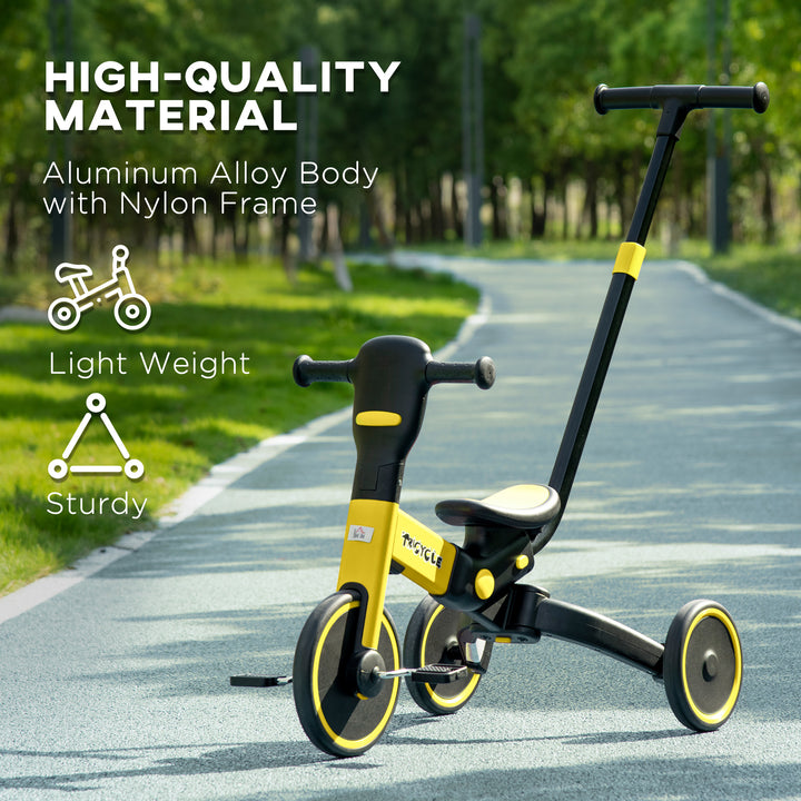 4-in-1 Tricycle for Kids, Baby Trike with Adjustable Push Handle, 18-60 Months, Yellow