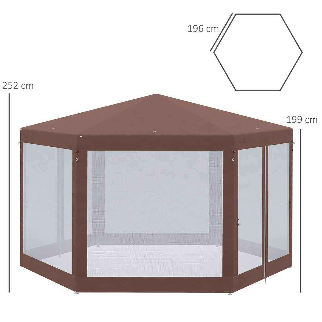 Hexagonal Garden Gazebo Patio Party Outdoor Canopy Tent Sun Shelter with Mosquito Netting and Zipped Door, Brown