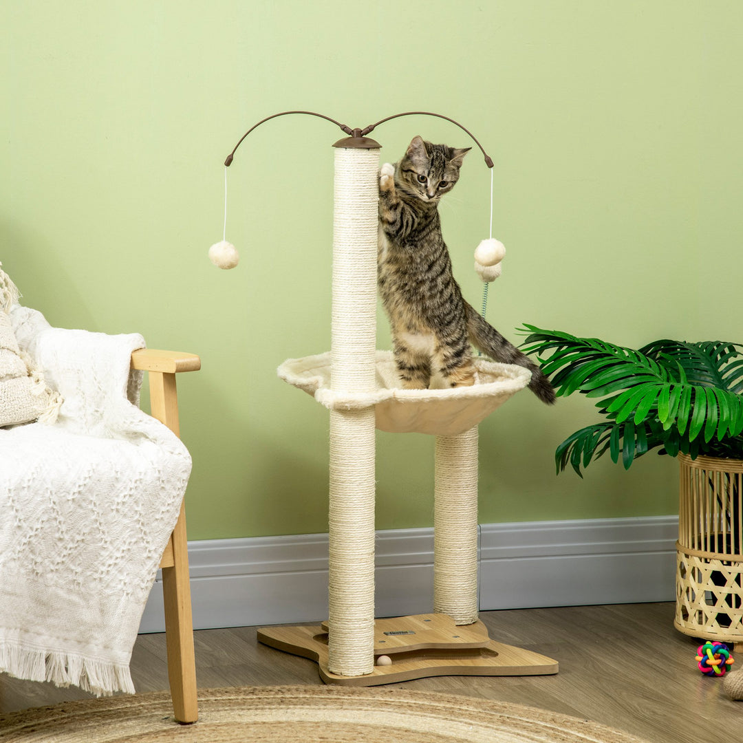 PawHut Cat Tree for Indoor Cats Kitten Play Tower with Sisal Scratching Posts Hammock Ball Toy, Beige, 53.5x53.5x90 cm