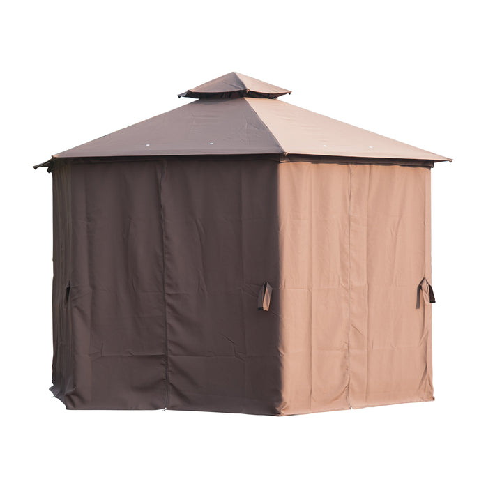 Hexagon Gazebo Patio Canopy Party Tent Outdoor Garden Shelter w/ 2 Tier Roof & Side Panel - Brown