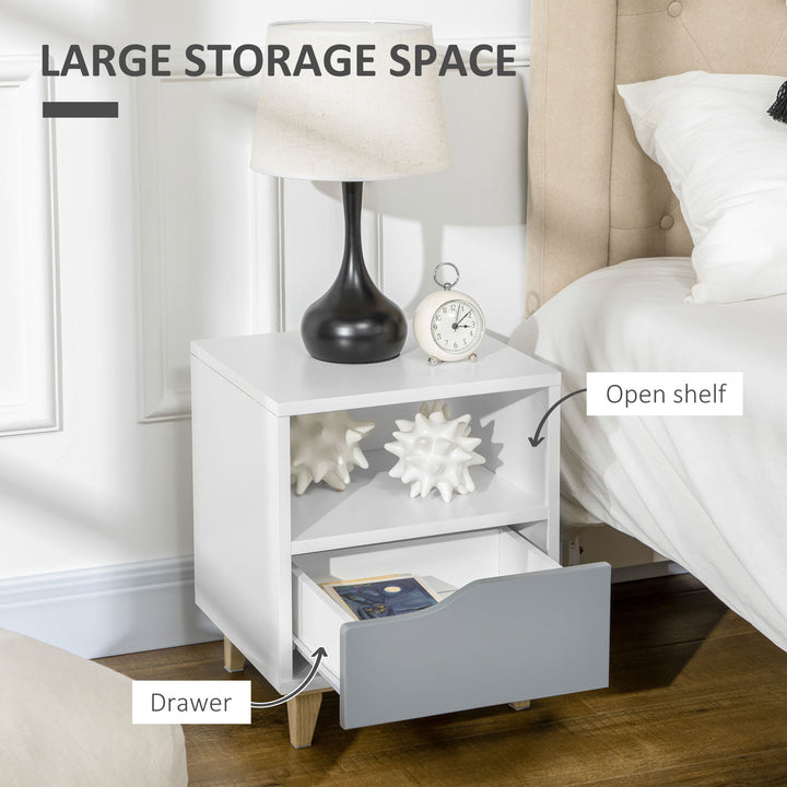 Modern Bedside Table, Side End Table with Shelf, Drawer and Wood Legs, 36.8cmx33cmx43.8cm, White and Grey