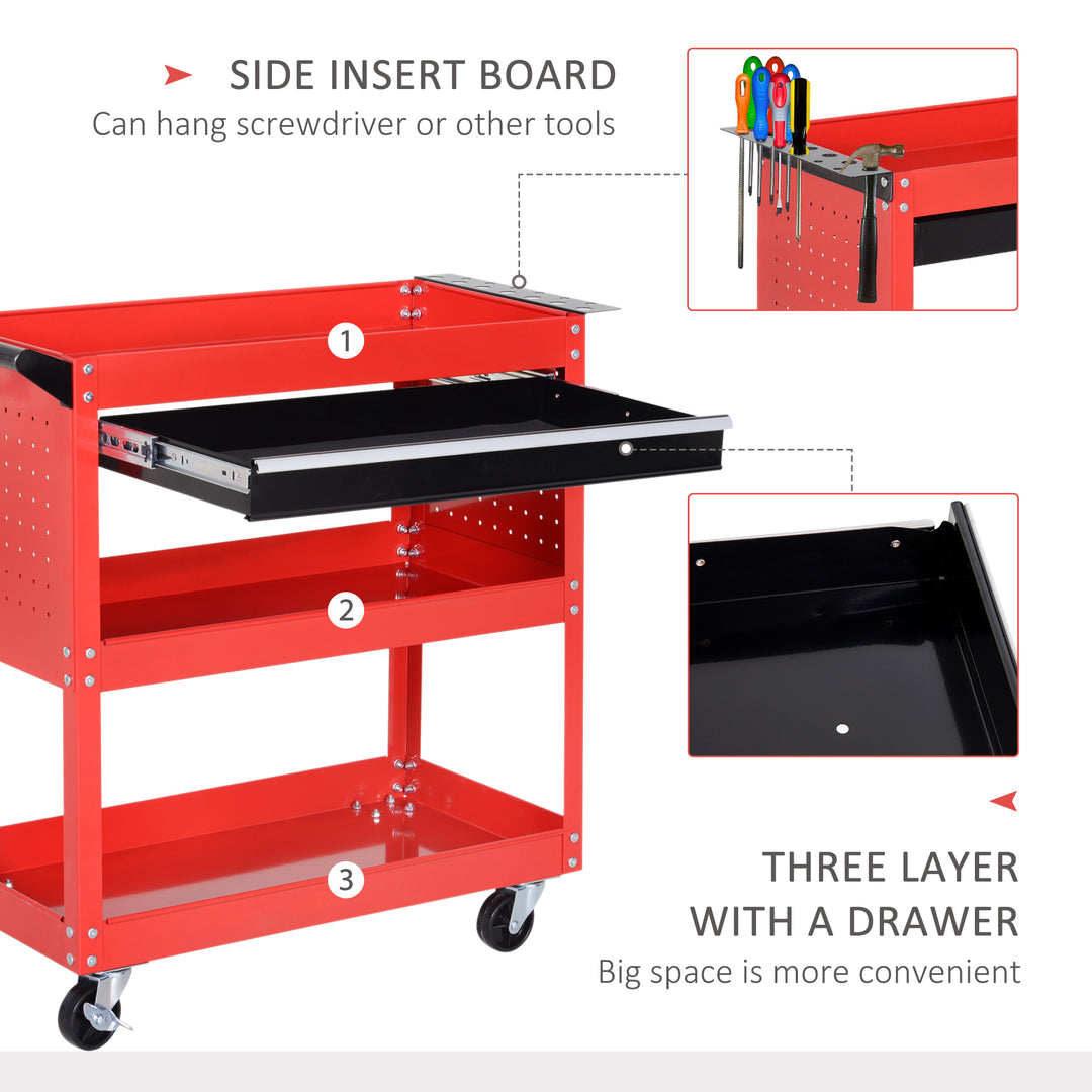 DURHAND 3-Tier Tool Trolley Cart Storage Shelf Roller Cabinet DIY Box Garage Workshop with Drawer Red