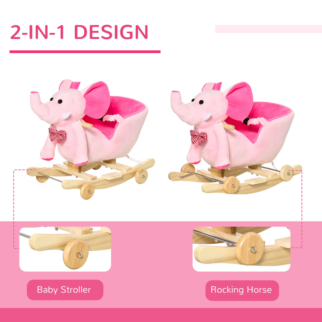 Plush Baby Ride on Rocking Horse Elephant Rocker with Wheels Wooden Toy for Kids 32 Songs (Pink)