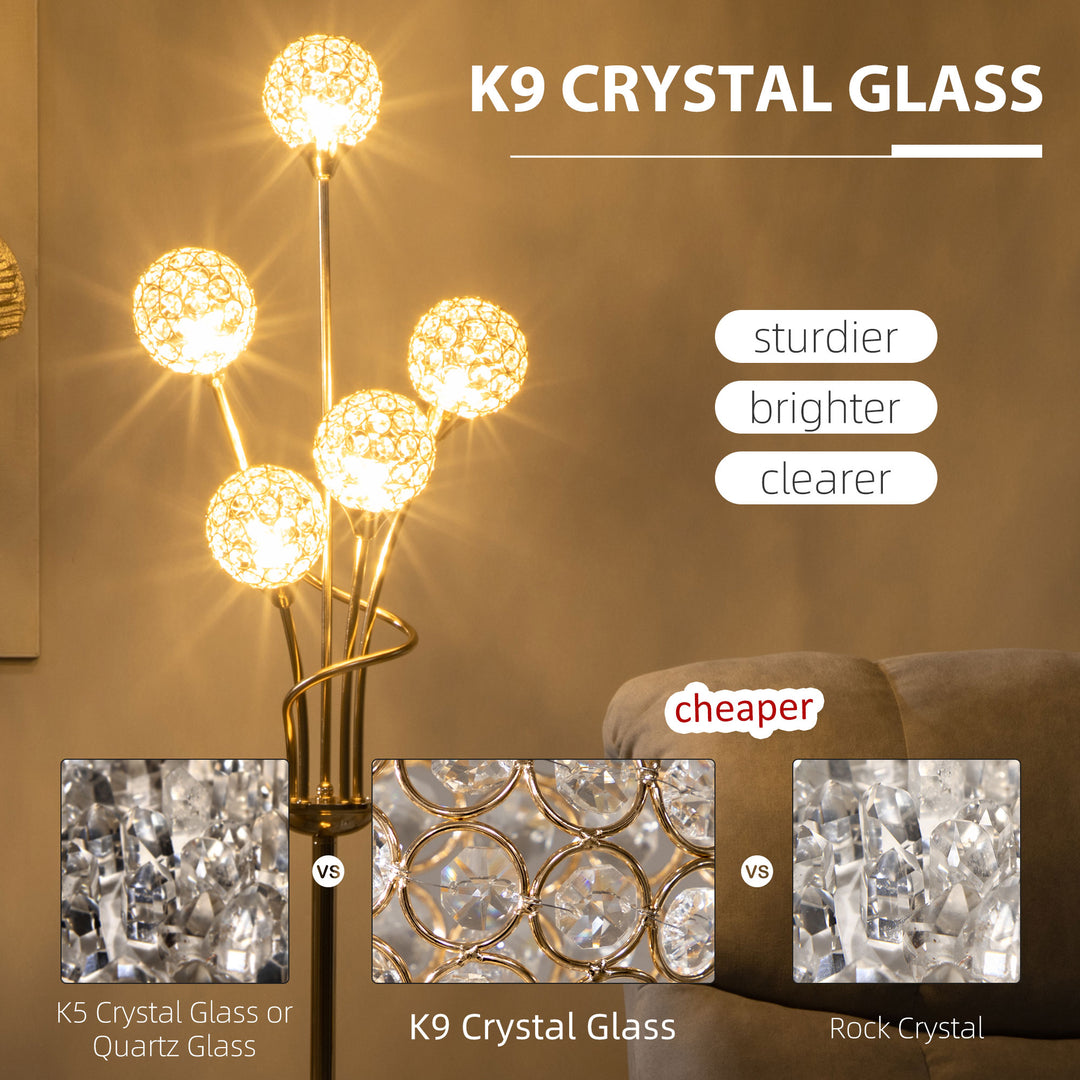 Crystal Floor Lamps for Living Room Bedroom with 5 Light, Modern Upright Standing Lamp, 34x25x156cm, Gold Tone