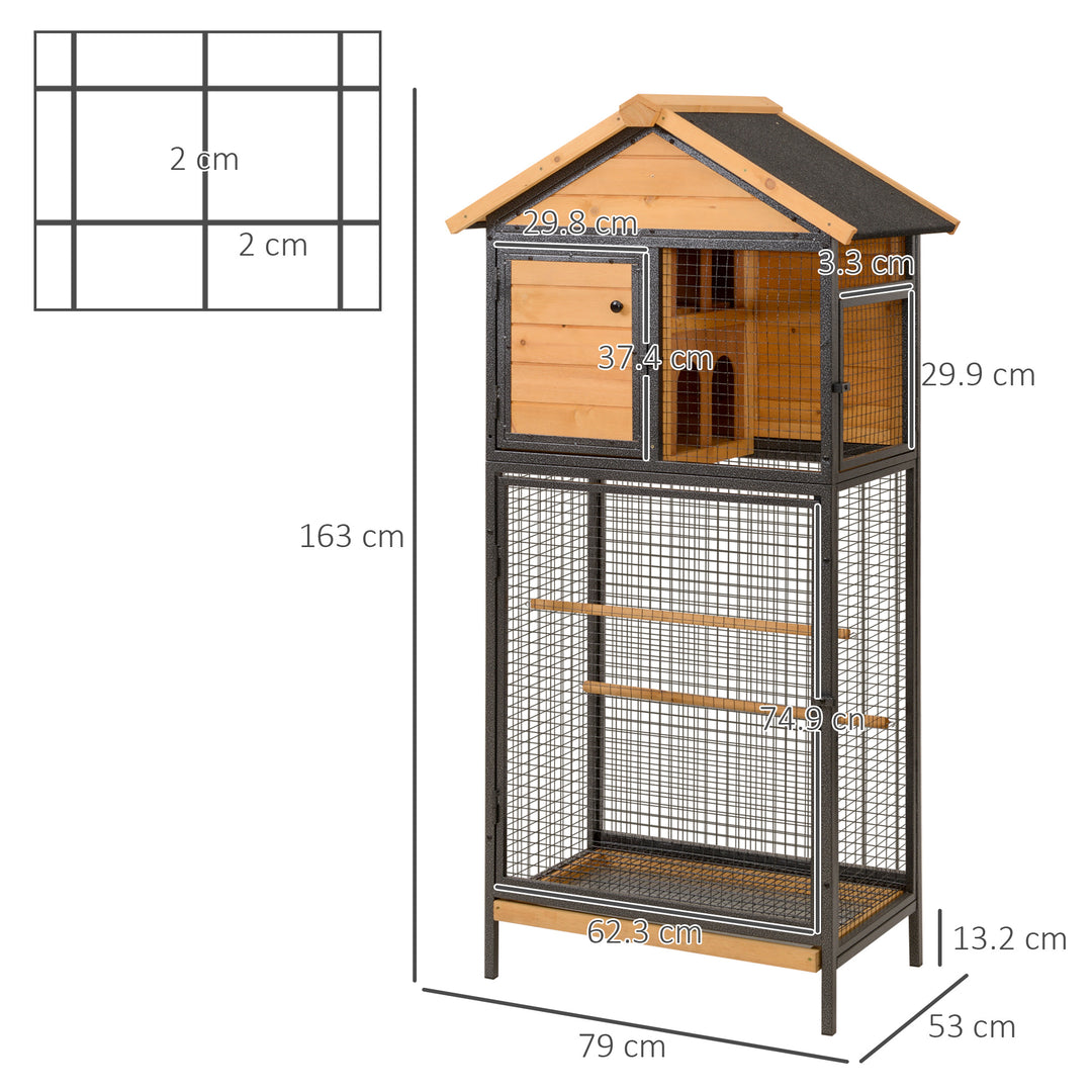 Wood &amp; Steel Bird Cage, with Standing Pole, Nest and Slide-Out Tray - Natural Finish