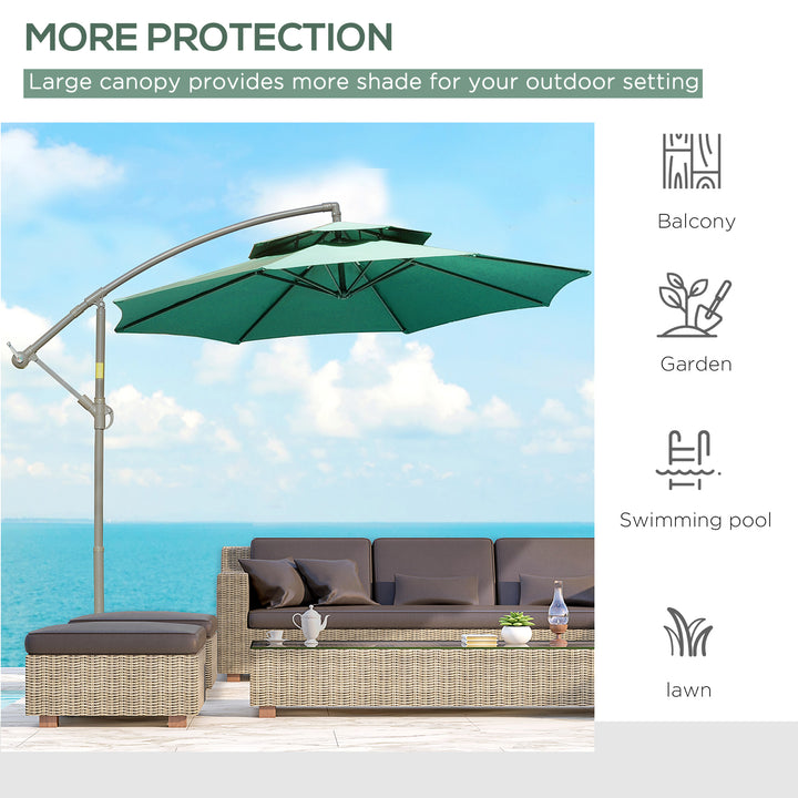 Outsunny 2.7m Banana Parasol Cantilever Umbrella with Crank Handle , Double Tier Canopy and Cross Base for Outdoor, Hanging Sun Shade, Green