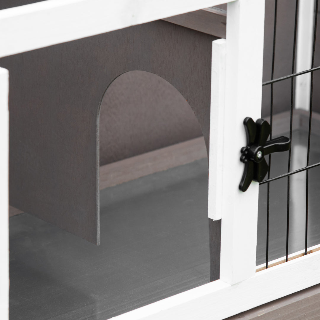 PawHut Elevated Wooden Rabbit Hutch, Indoor/Outdoor Bunny Cage with Hinged Asphalt Roof and Removable Tray for Guinea Pig, Brown