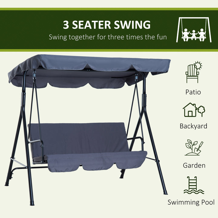 3 Seater Canopy Swing Chair Garden Rocking Bench Heavy Duty Patio Metal Seat w/ Top Roof - Grey