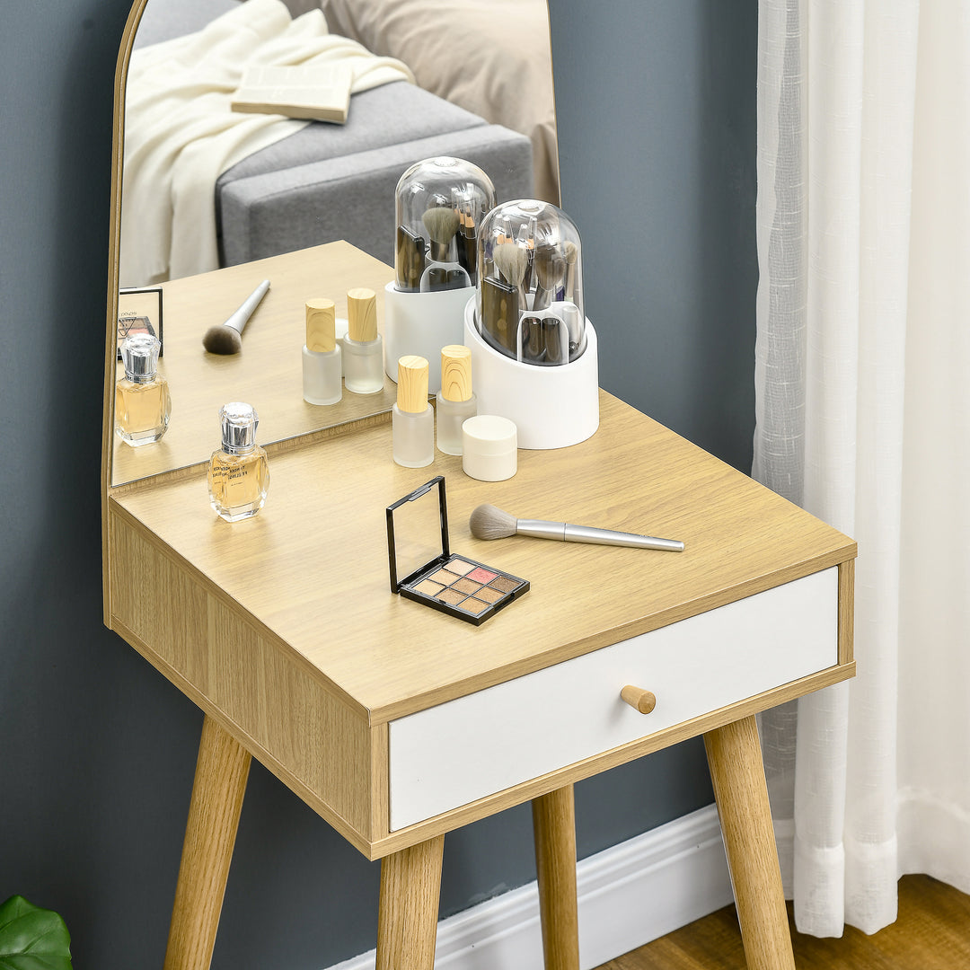 Modern Dressing Table with Large Mirror and Storage Drawer, Compact Vanity Table for Bedroom, Natural