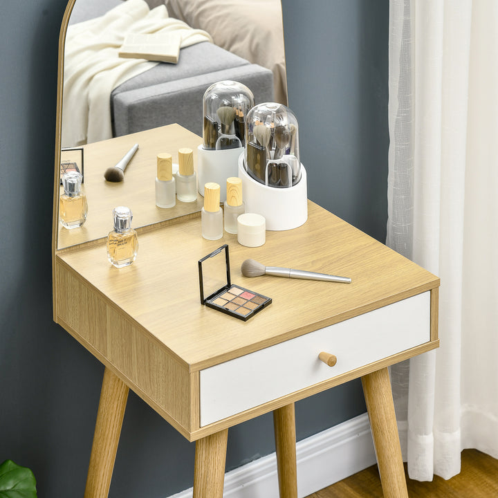 Modern Dressing Table with Large Mirror and Storage Drawer, Compact Vanity Table for Bedroom, Natural