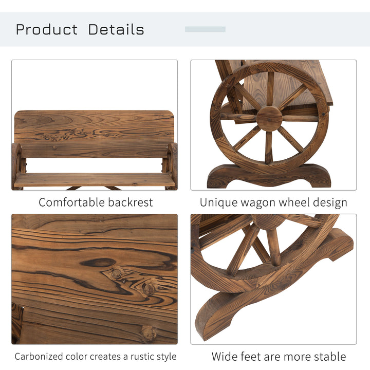 Wooden Cart Wagon Wheel 2 Seater Garden Bench Outdoor Chair Rustic High Back Loveseat Burnt Stained