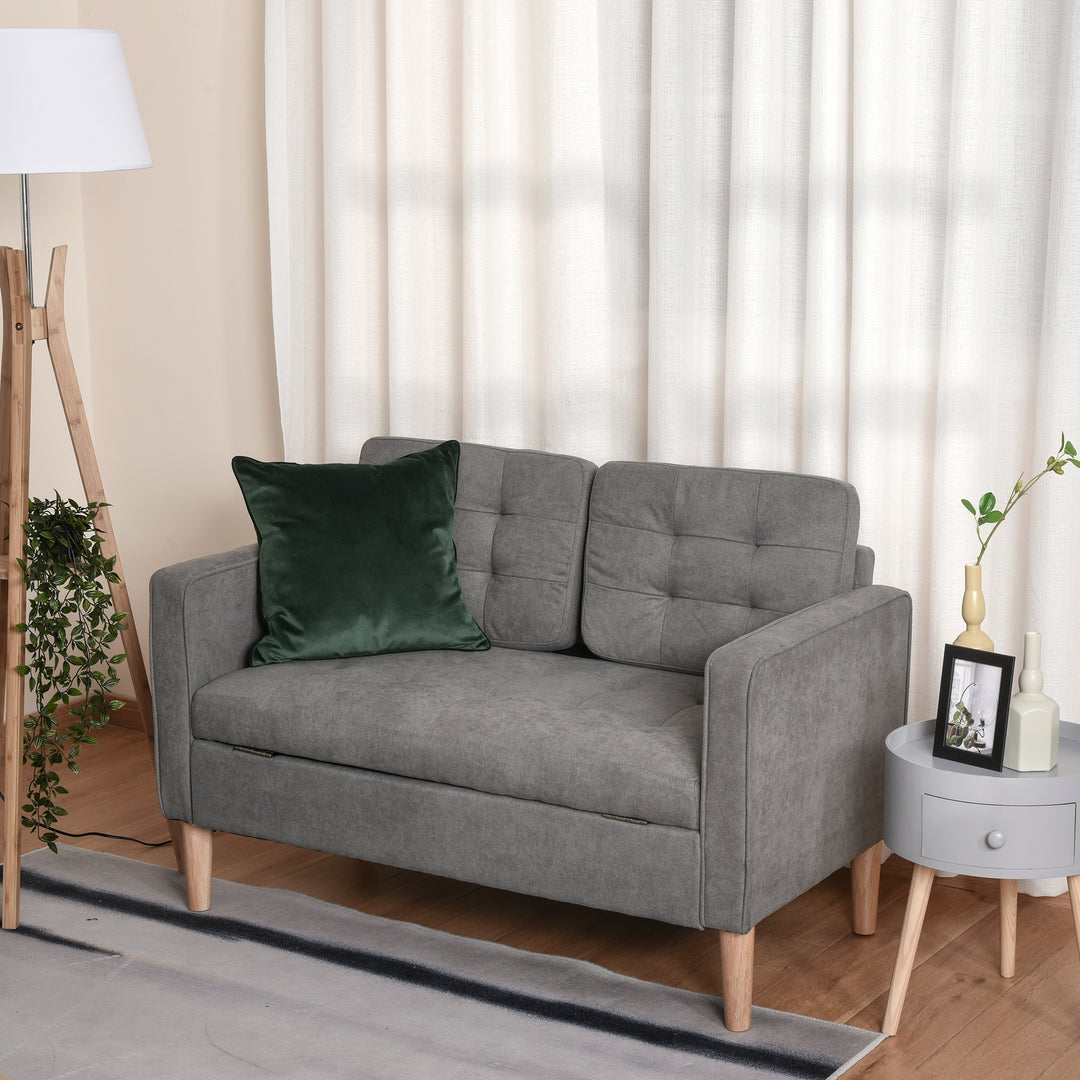 Modern 2 Seater Sofa with Hidden Storage, 117cm Tufted Cotton Couch, Compact Loveseat Sofa with Wood Legs, Grey