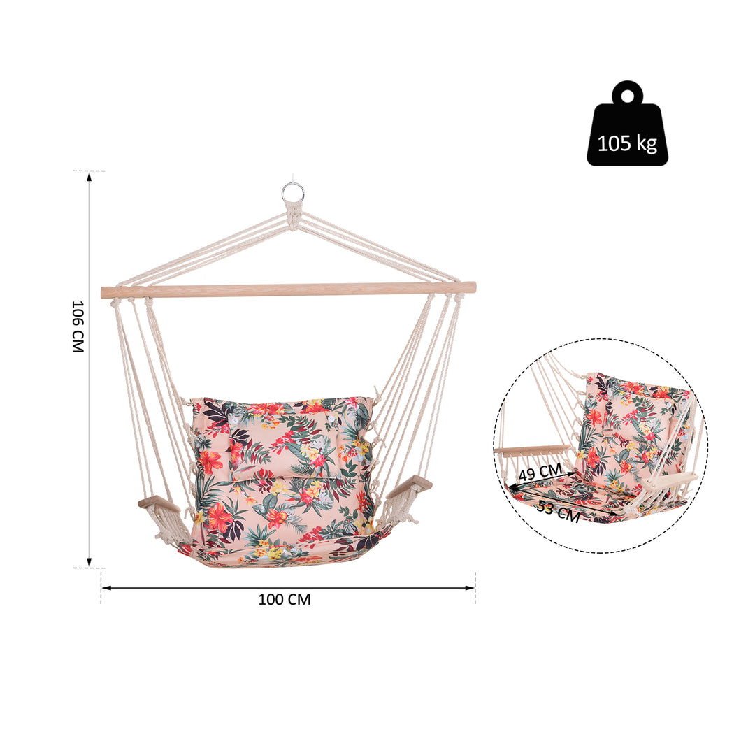 Garden Outdoor Hanging Hammock Chair Thick Rope Frame Wooden Arms Safe Wide Seat Garden Outdoor Spot Stylish Multicoloured floral