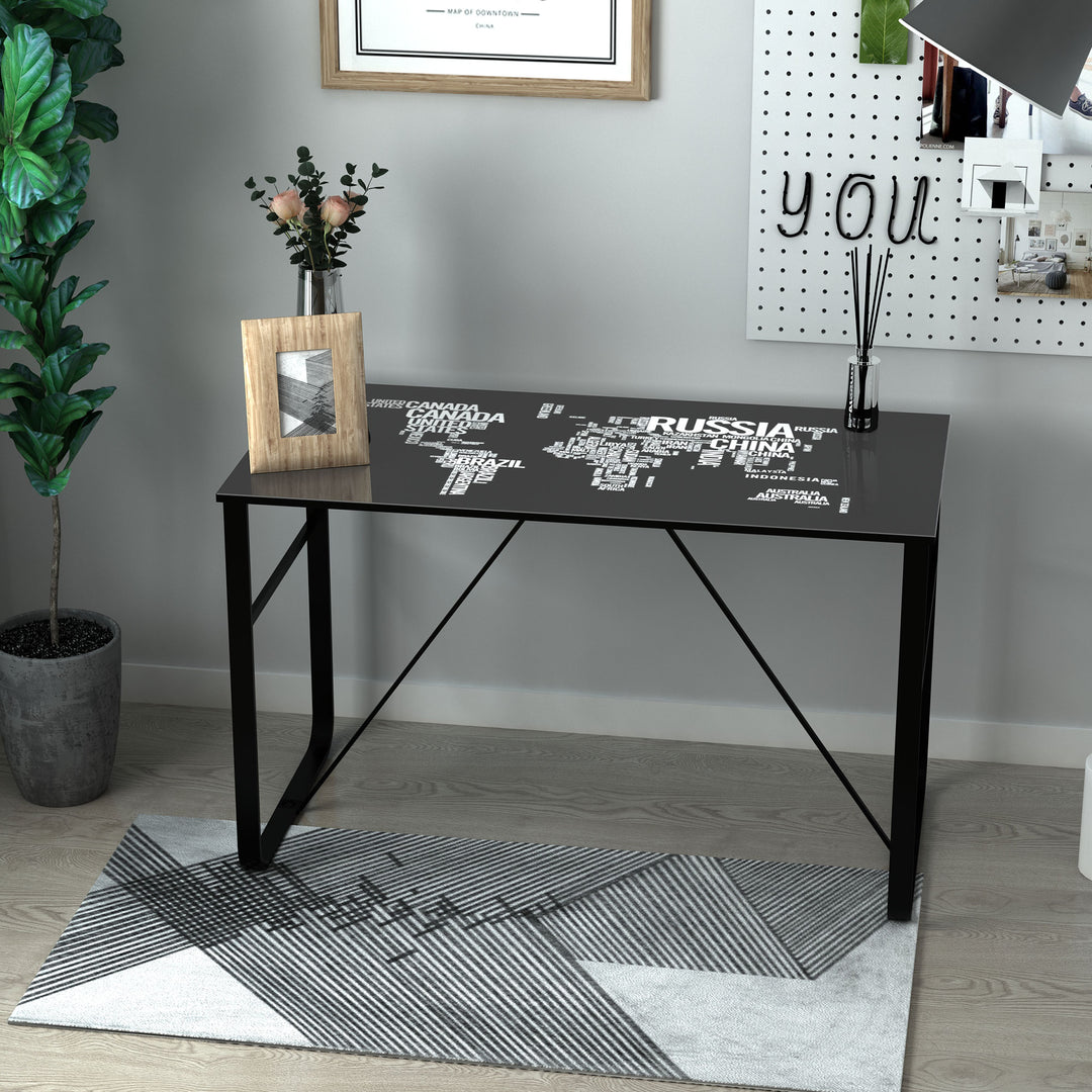 Glass Top Writing Desk with World Map Printing Working Station Home Office Table Gaming Desk Metal Frame Easy Assembly, Black