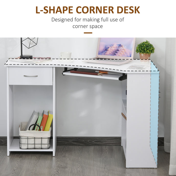 HOMCOM L-Shaped Corner Computer Desk w/ 2 Shelves Wide Worktop Keyboard Tray Drawer & CPU Stand Home Office Study Bedroom Furniture White