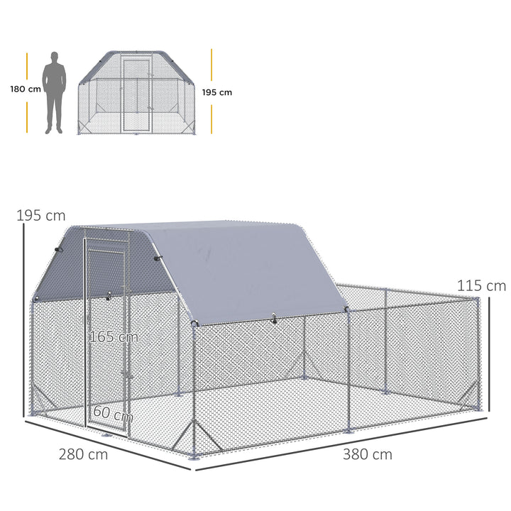 Chicken Run with Roof, Walk In Chicken Coop Outdoor for 10-12 Chickens, Hen House Duck Pen, 2.8 x 3.8 x 2 m