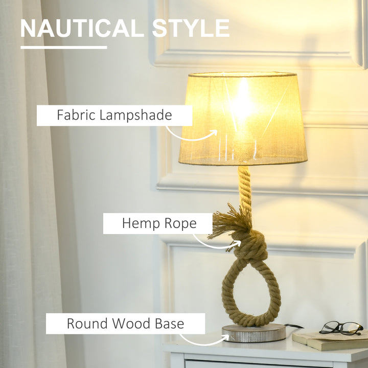 HOMCOM Nautical Table Lamp, Farmhouse Bedside Lamp with Knotted Rope and Fabric Lampshade for Bedroom, Study, Living Room, Beige