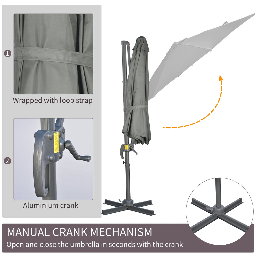 3 x 3(m) Cantilever Parasol with Cross Base, Garden Umbrella with 360° Rotation, Crank Handle and Tilt for Outdoor, Patio, Grey