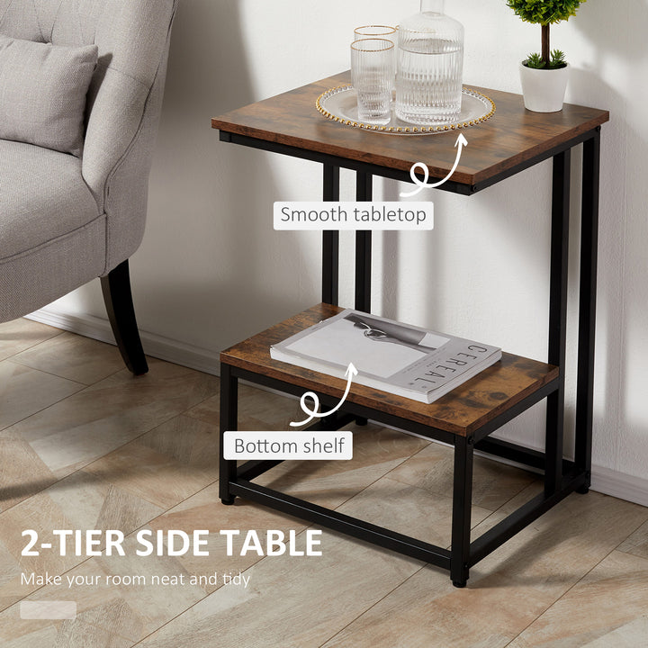 Side Table, Double Layer End Table, Modern Coffee Table with Steel Frame and Adjustable Non-Slip Feet for Living room, Bedroom, Rustic Brown