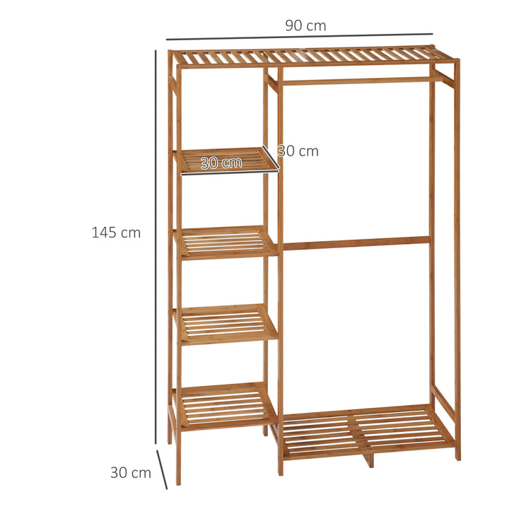 Bamboo Clothes Rack for Bedroom Garment Rack with 6-Tier Storage Shelf Hanging Rod Clothes Rail for Living Room Entryway