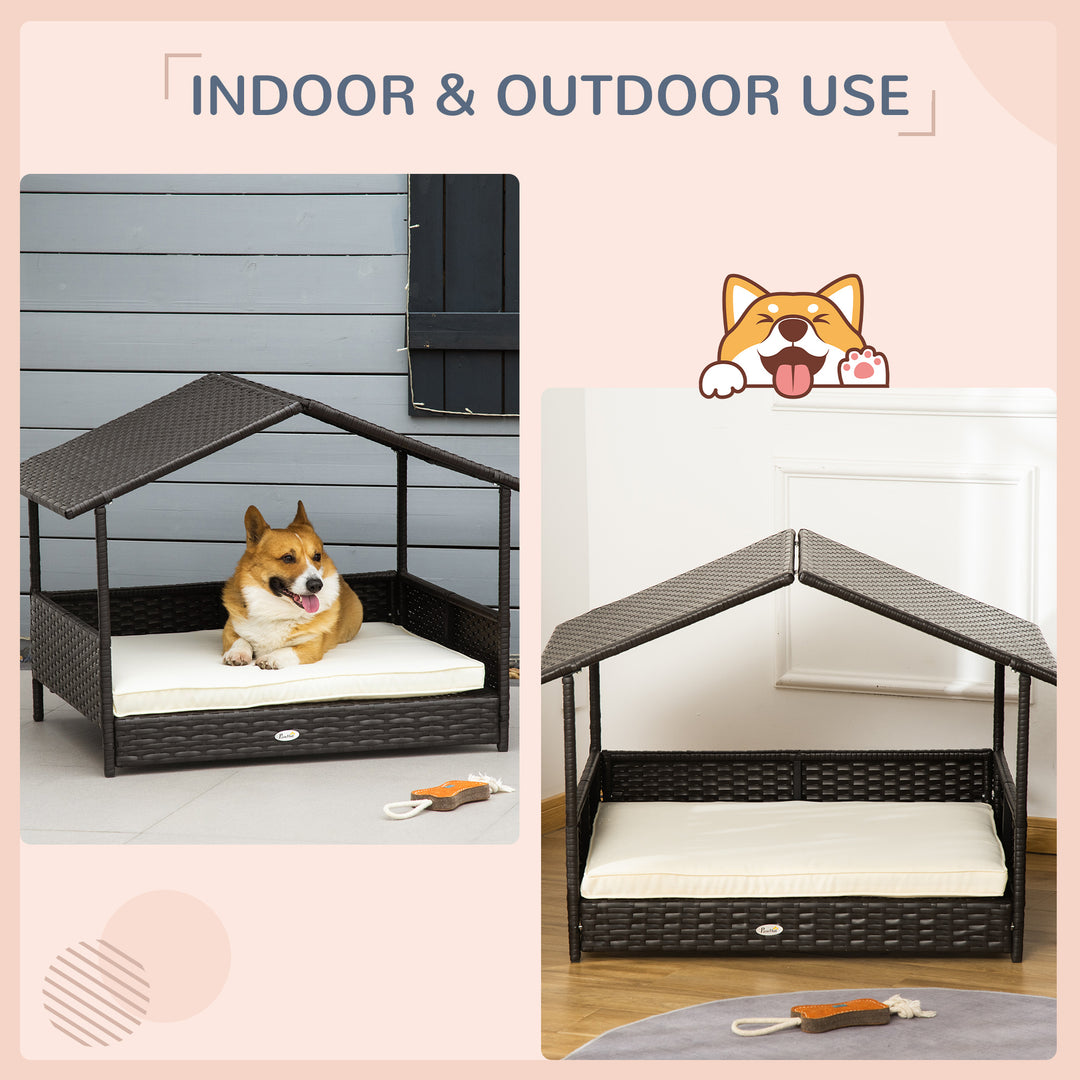 Wicker Dog House, Rattan Pet Bed with Soft Cushion, Canopy, Cat House with Anti-slip Pads, Brown, 98 x 69 x 73 cm
