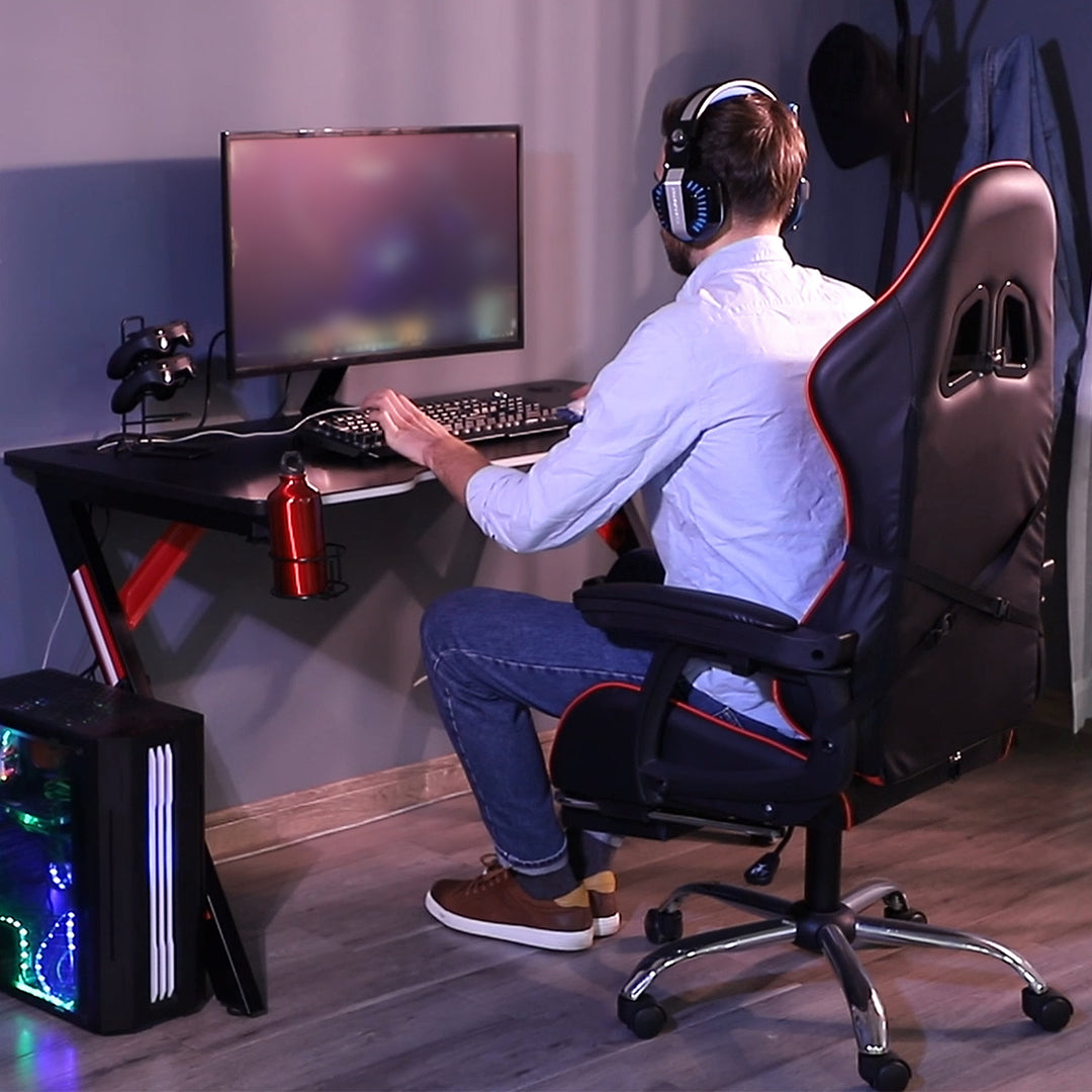 HOMCOM 1.2m Gaming Desk w/RGB Light Steel Frame | Racing Style Computer Table w/Cup Holder Headphone Cable Management - Black