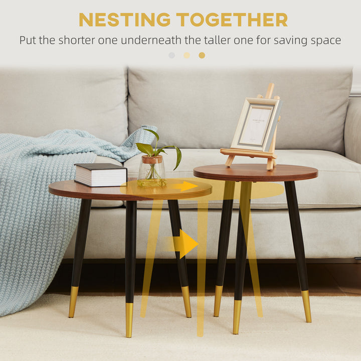 Nest of Tables, Round Coffee Tables Set of 2 with Steel Frame for Living Room Bedroom, Walnut brown