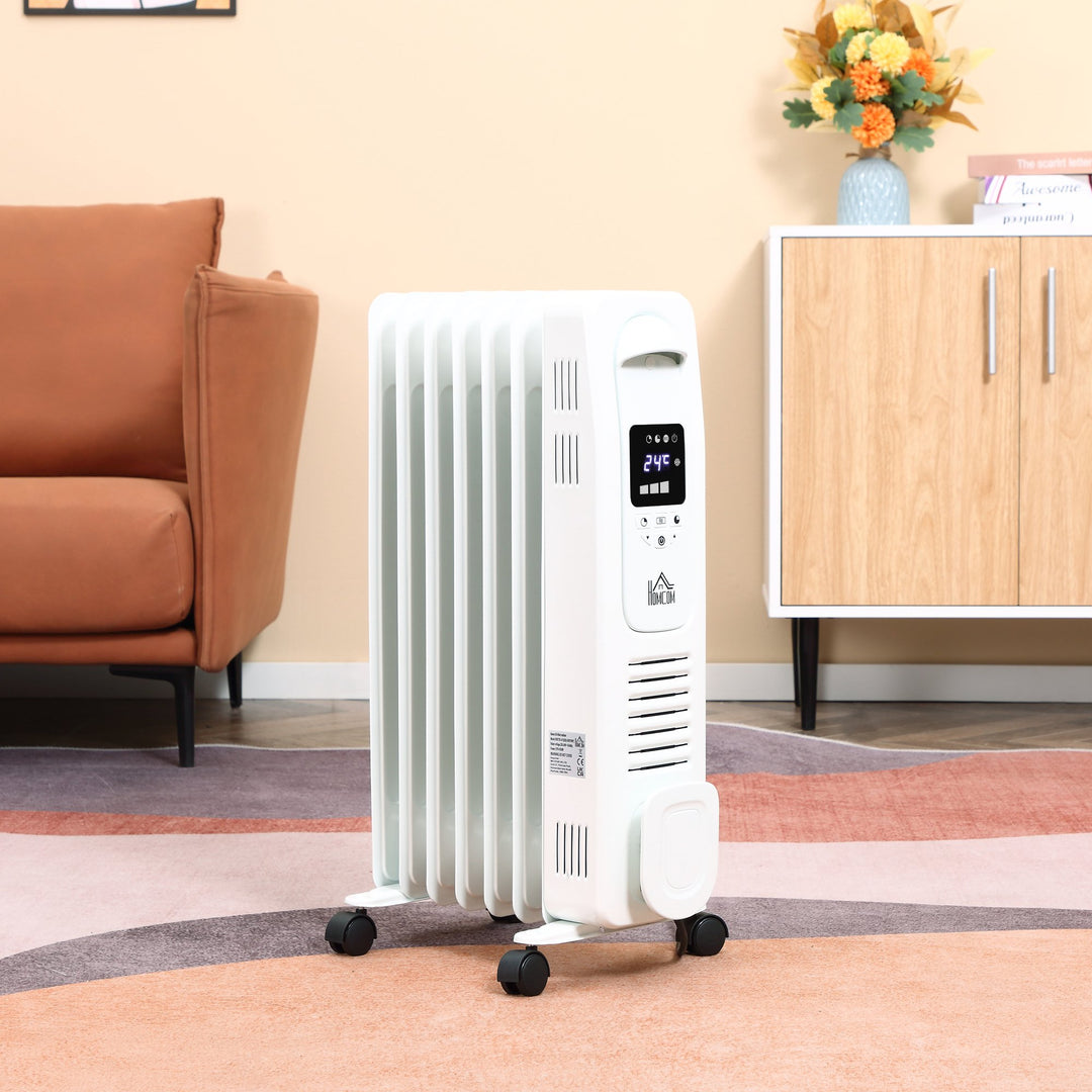 HOMCOM 1630W Digital Oil Filled Radiator, 7 Fin, Portable Electric Heater with LED Display, 3 Heat Settings, Safety Cut-Off and Remote Control, White