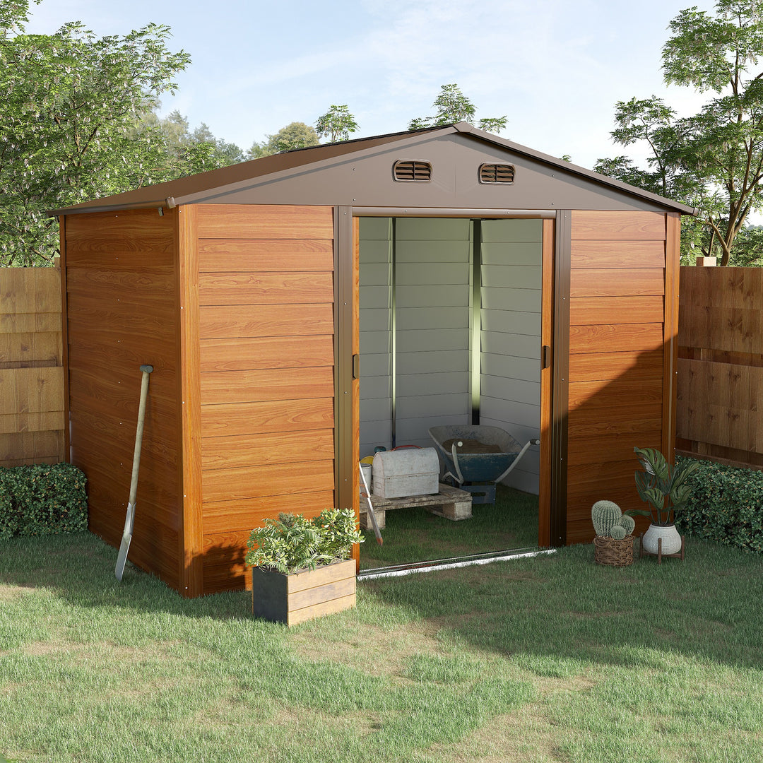 Outsunny 9 x 6.5 ft Metal Garden Storage Shed Apex Store for Gardening Tool with Foundation and Ventilation, Brown with Wood Grain