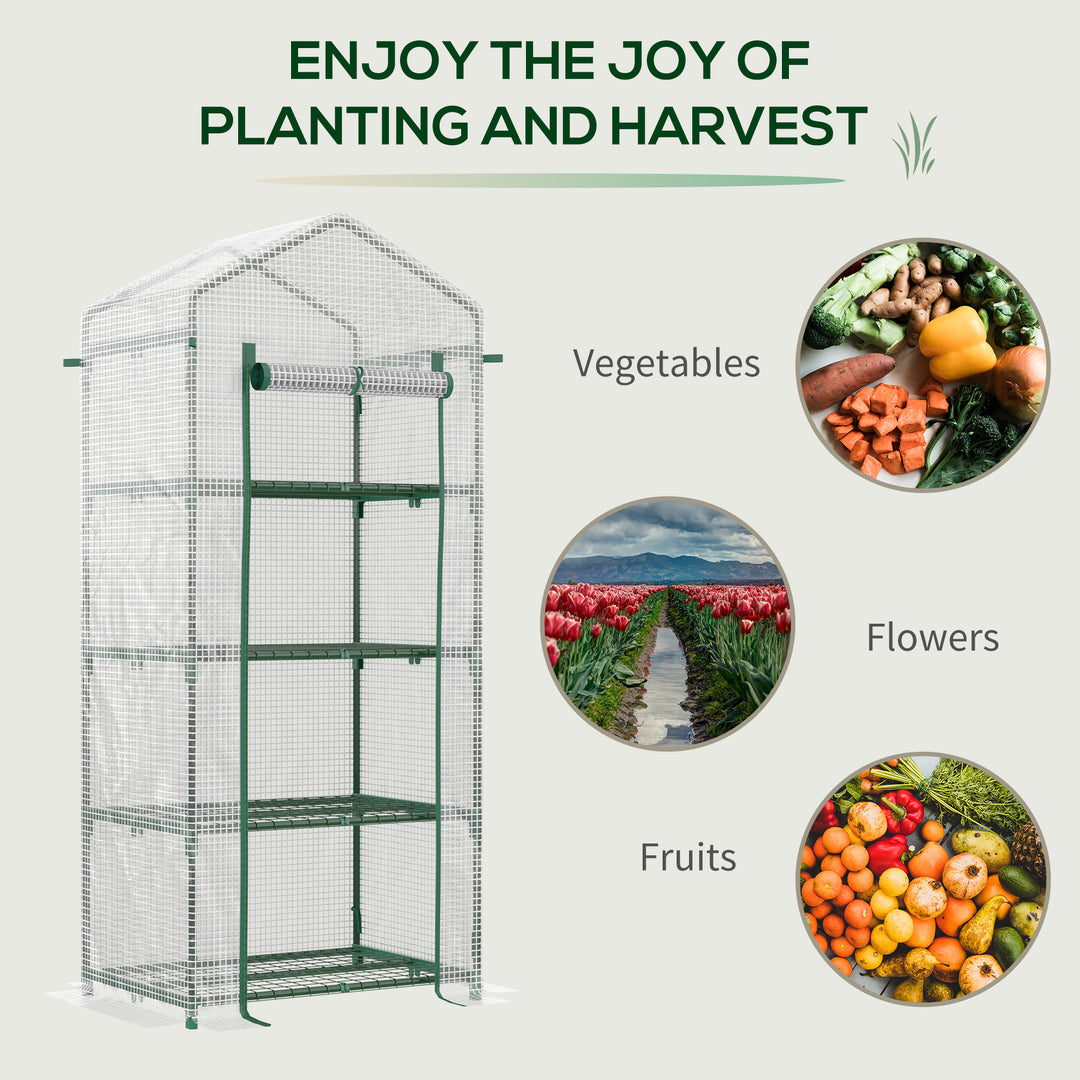 Outsunny 4 Tier Mini Greenhouse, Portable Green House with Steel Frame, PE Cover, Roll-up Door, 70 x 50 x 160 cm, White