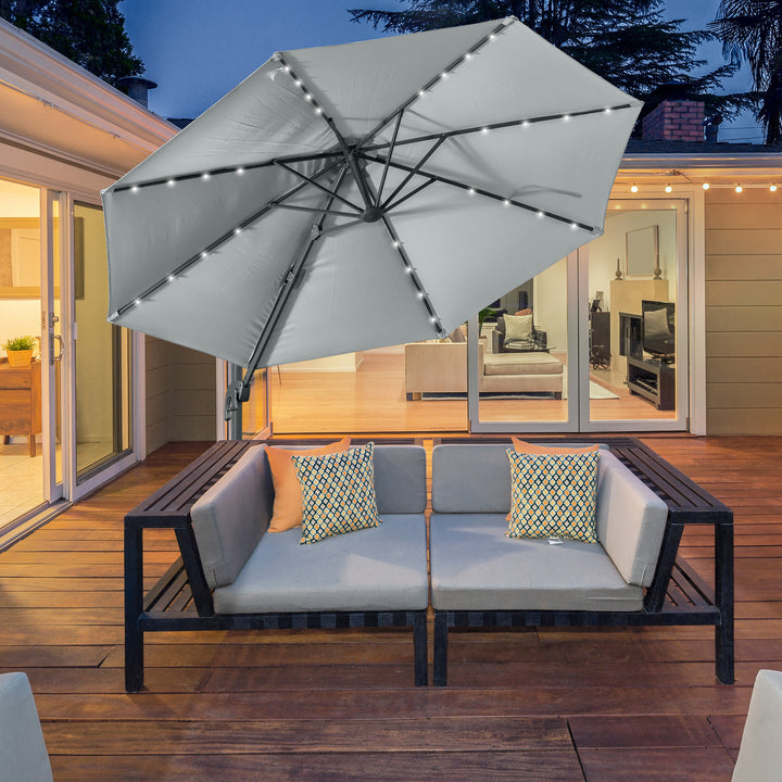 Outsunny 3(m) Cantilever Roma Parasol Patio Sun Umbrella with LED Solar Light Cross Base 360° Rotating Outdoor, Grey