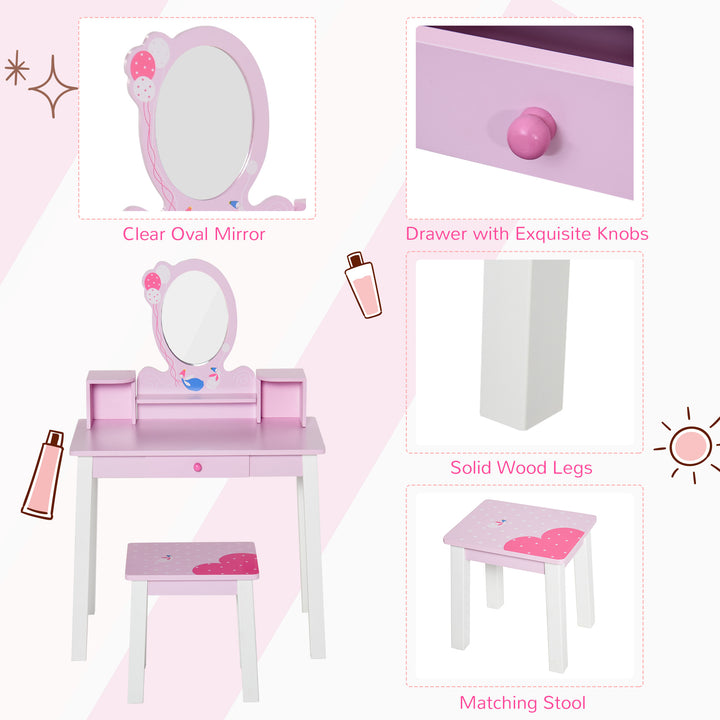 2 PCS Kids Wooden Dressing Table and Stool Girls Vanity Table Makeup Table Set with Mirror Drawers Role Play for Toddlers 3 Year+, Pink White