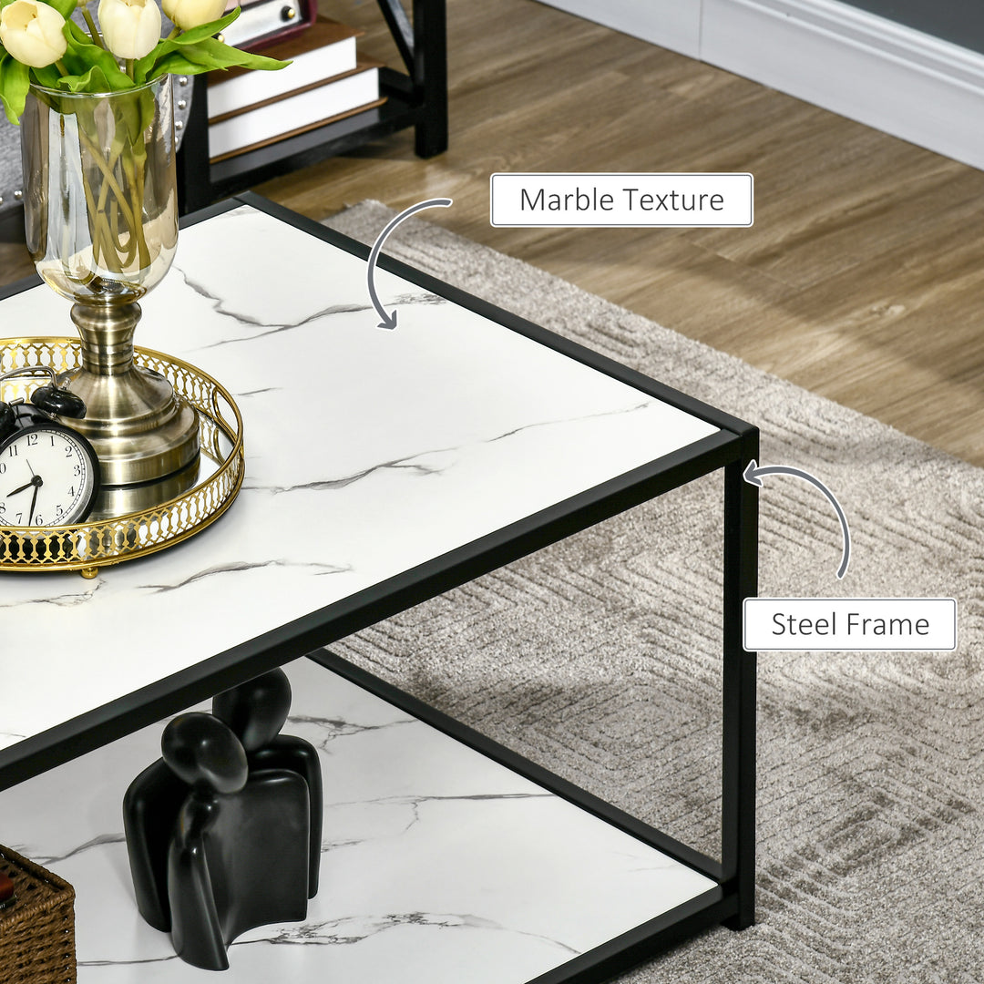 HOMCOM Modern Coffee Table with Faux Marble Top, Cocktail Table with 2-Tier Storage and Steel Frame for Living Room, White