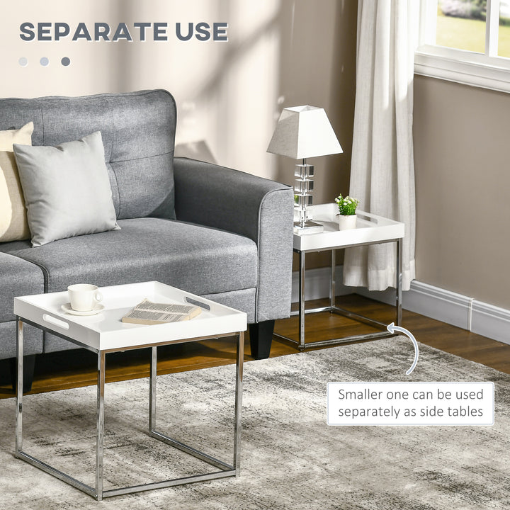 Modern Coffee Table Set of 2, Square Nest of Tables with Steel Frame and High Gloss Effect for Living Room, White