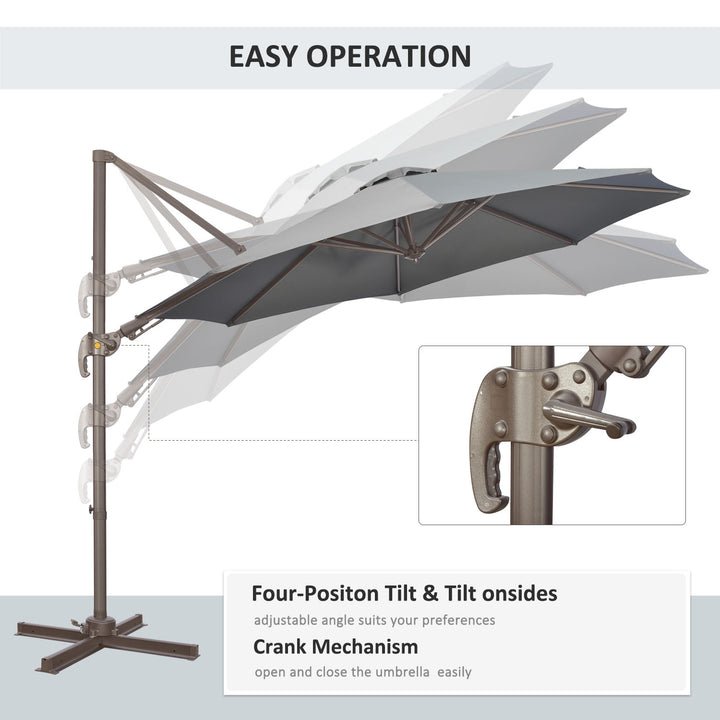 3(m) Cantilever Parasol 360° Rotation Roma Umbrella Hanging Sun Shade with Aluminum Frame, Tilt Crank, 8 Ribs and Cross Base, Dark Grey