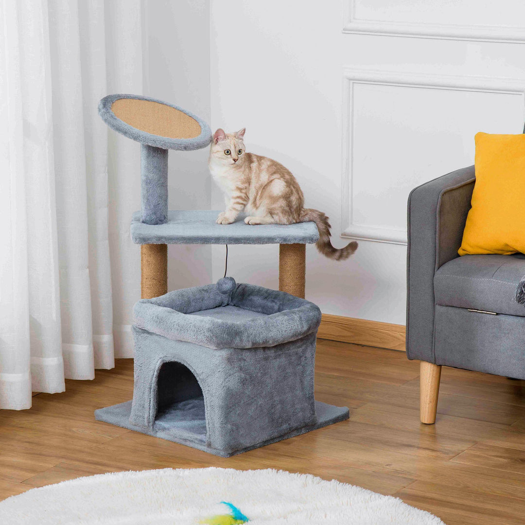 PawHut Cat Tree Tower Kitten Activity Center with Scratching Posts Pad Condo Perch Bed Interactive Ball Toy 48 x 48 x 84cm, Grey