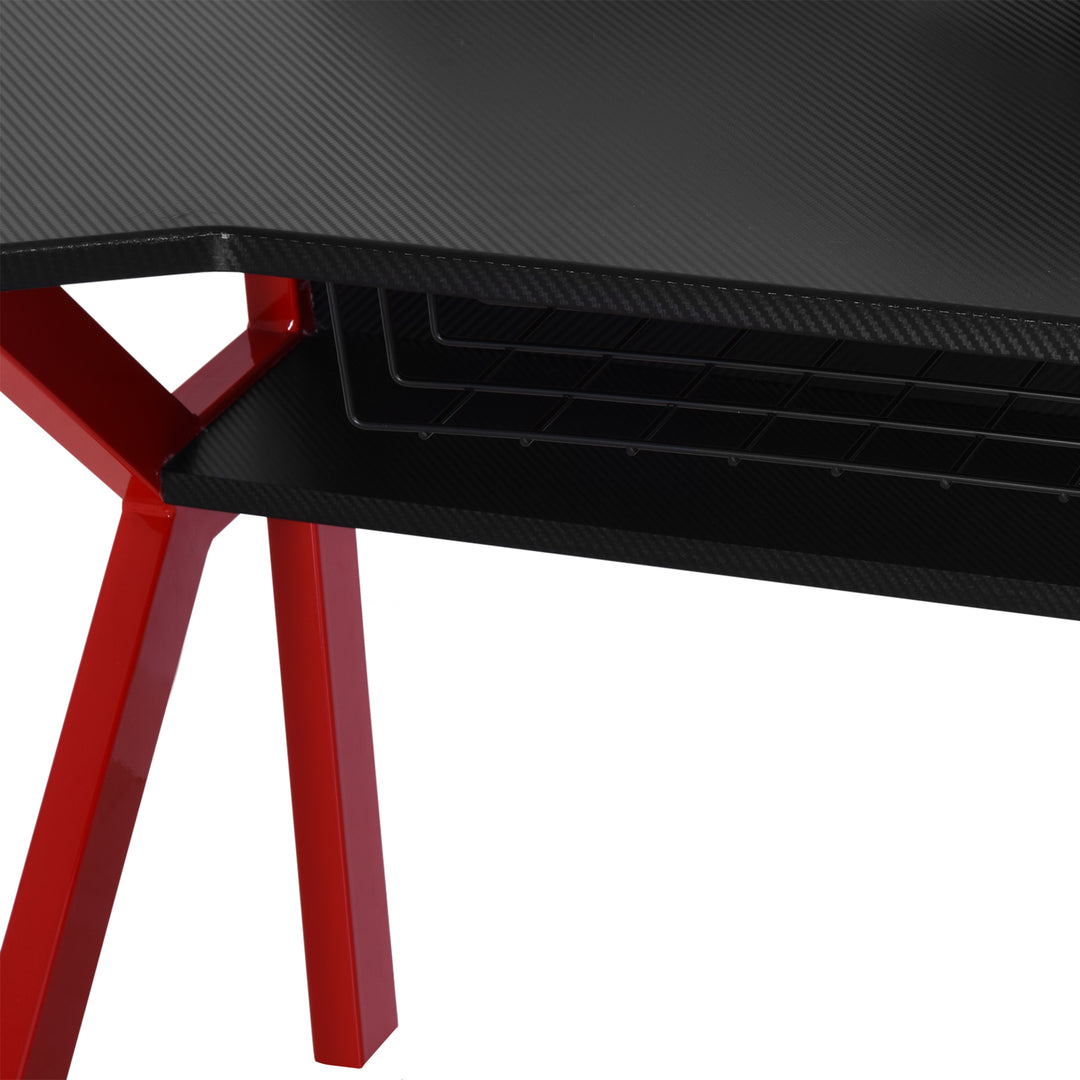 Gaming Desk Computer Table Stable Metal Frame Adjustable Feet w/ Cup Holder Headphone Hook, Cable Basket - Red