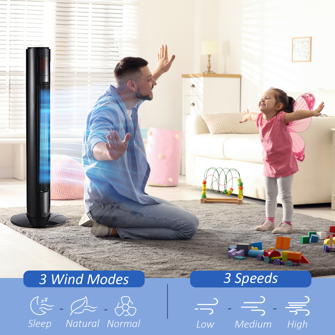 38'' Freestanding Tower Fan, 3 Speed 3 Mode, 12h Timer, 70 Degree Oscillation, LED Panel, 5M Remote Controller, Black