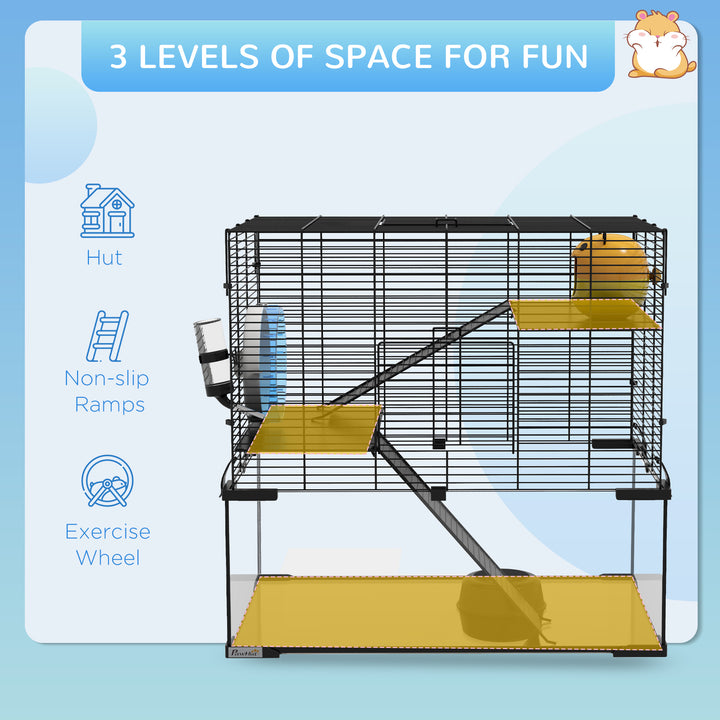 3 Tiers Hamster Cage, Gerbil Cage with Deep Glass Bottom, Non-Slip Ramps, Platforms, Hut Exercise Wheels Water Bottle for Syrian Dwarf Hamster