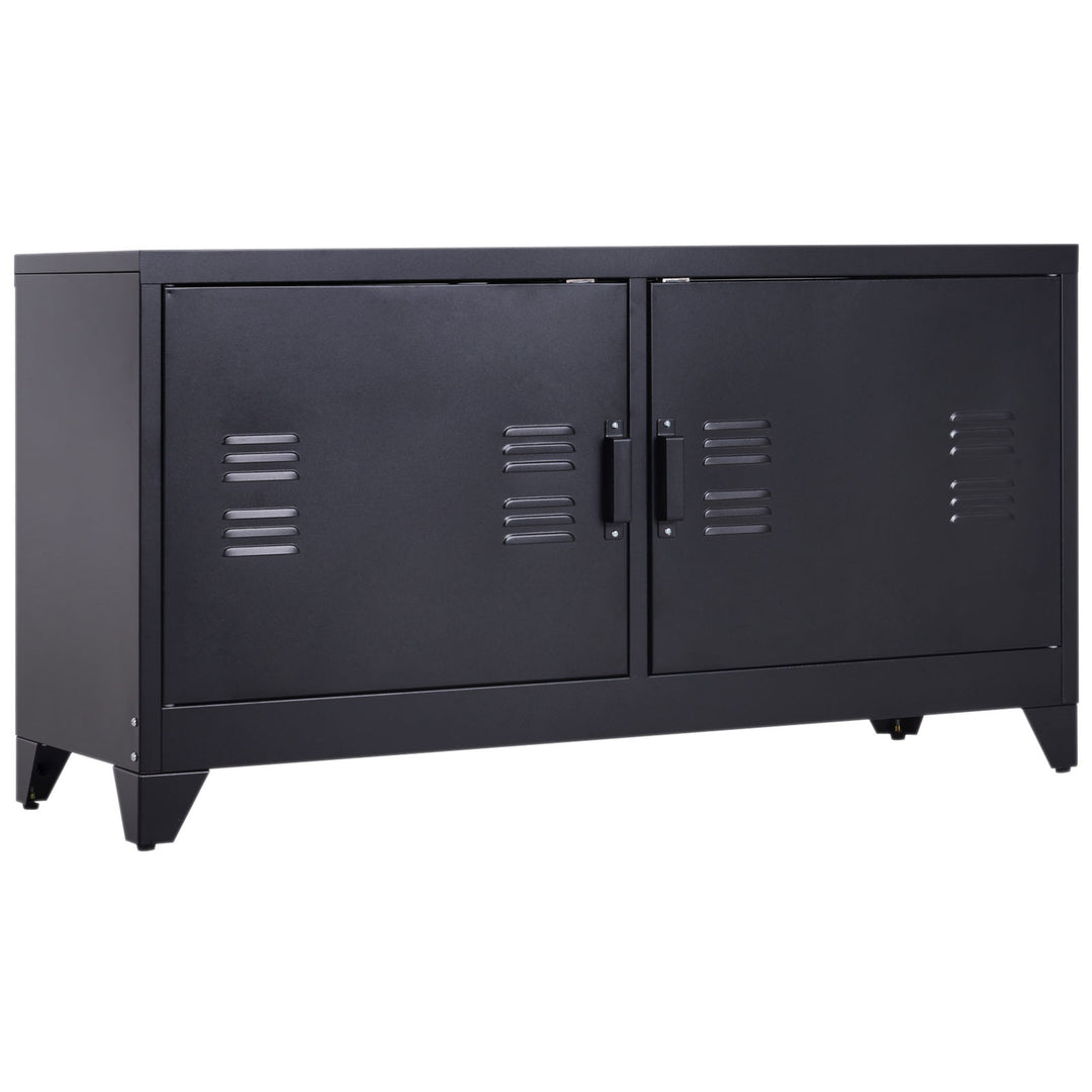 Industrial TV Cabinet Stand Media Center Steel Shelf Doors Storage System DVD Recorder Receiver Unit - Black