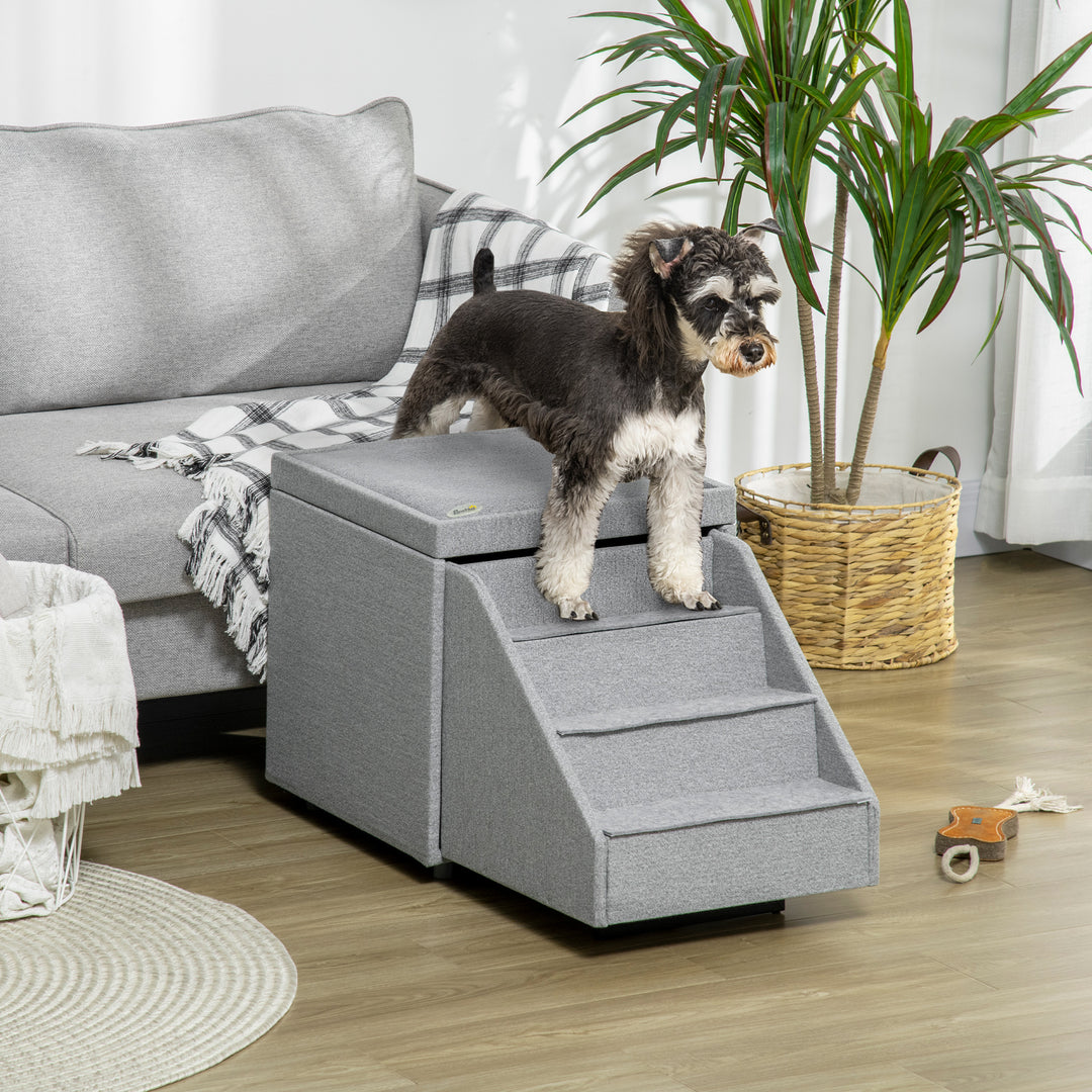 PawHut 2 in 1 Dog Steps Ottoman, 4-Tier Pet Stairs for Small Medium Dogs and Cats, with Storage Compartment