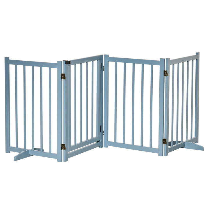 Pet Gate for Small and Medium Dogs, Freestanding Wooden Foldable Dog Safety Barrier with 4 Panels, 2 Support Feet for Doorways, Stairs, Blue