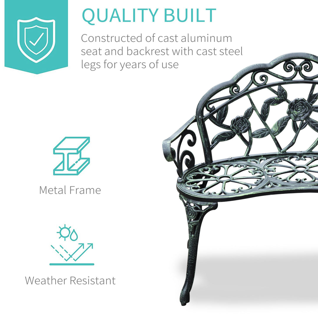 Outsunny Cast Aluminium Outdoor Garden Patio Antique Rose Style Bench Porch Park Chair Seater - Green