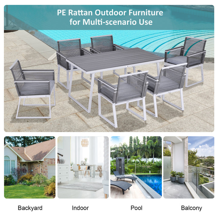 6-Seater Garden Dining Set w/ PE Rattan Cushioned Chairs and Rectangle Table, Box-shaped Frames, Grey