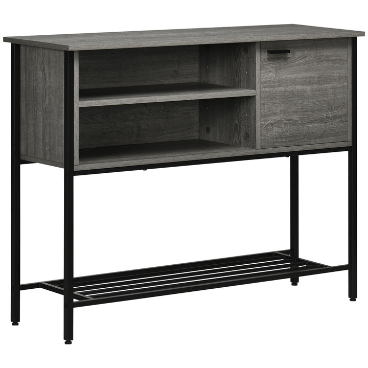 Industrial Console Table, Narrow Hallway Table with Cabinet, Open Compartments and Slatted Shelf for Entryway, Grey