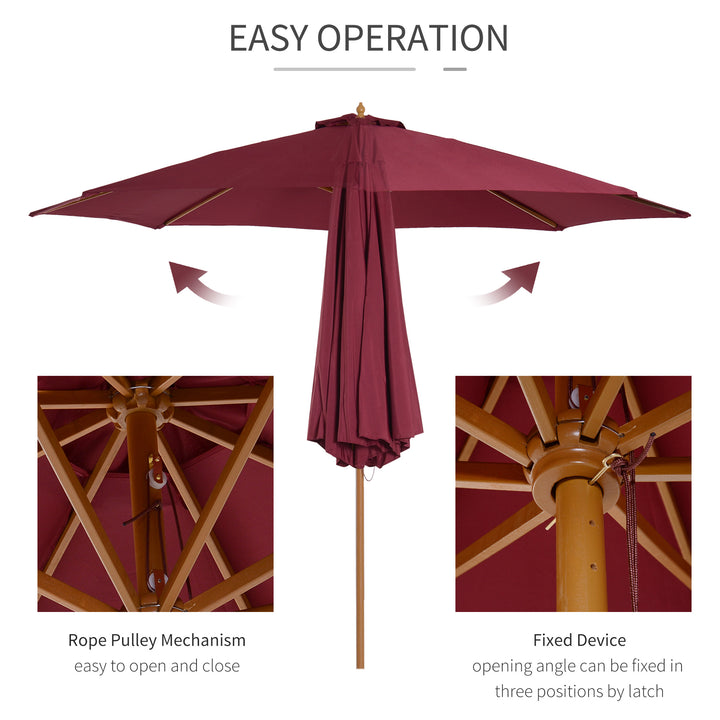 Outsunny ⌀3m Bamboo Wooden Market Patio Umbrella Garden Parasol Outdoor Sunshade Canopy, 8-ribs,Wine Red