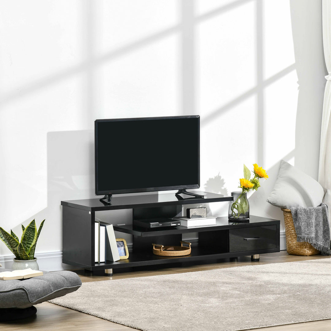 High Gloss TV Unit for TVs up to 45", Modern TV Cabinet with Storage Shelf and Drawer, Entertainment Unit for Living Room Bedroom, Black