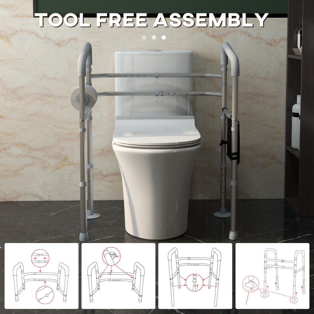 Free Standing Toilet Frame, Height and Width Adjustable Toilet Safety Frame with Arms, 2 Additional Suction Cups, Storage for Elderly, Senior, Disabled, Handrail Grab Bar, 136kg Weight Capacity