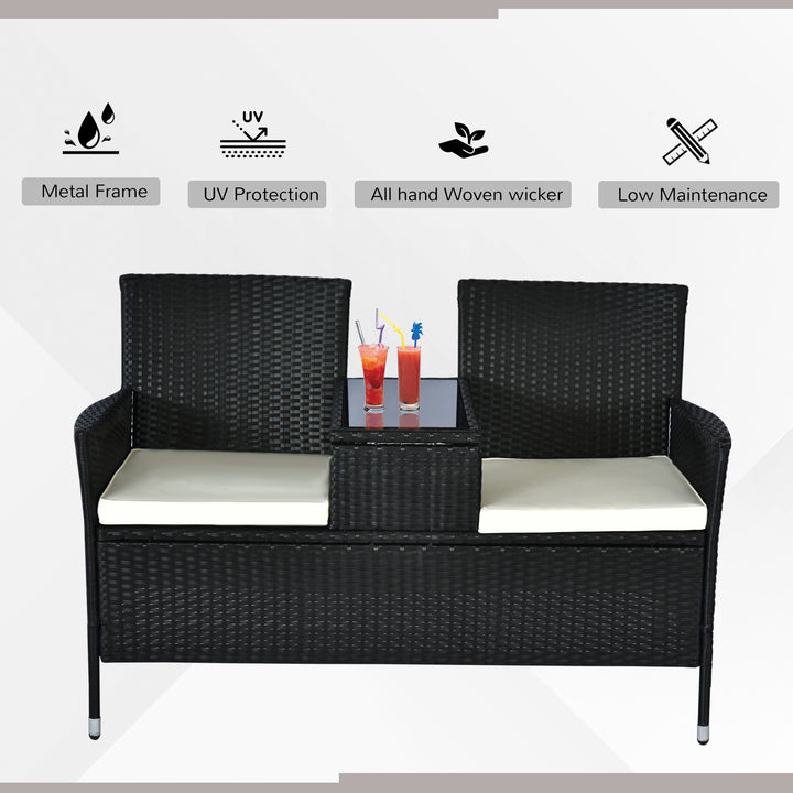 2 Seater Rattan Campanion Chair Wicker Loveseat Outdoor Patio Armchair with Drink Table Garden Furniture - Black