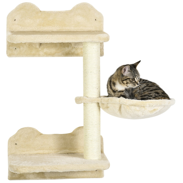 PawHut 4PCs Cat Shelf, Cat Wall Furniture w/ Hammock, Steps, Platforms, Scratching Post, Wall Mounted Cat Tree for Indoor Cat, Beige